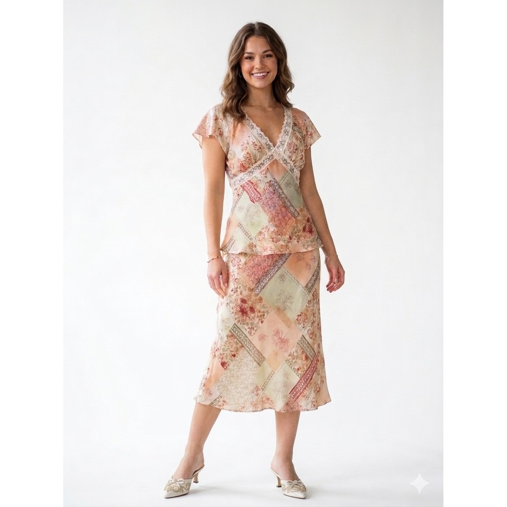 Vtg Y2K La Belle Floral Patchwork 2 Pc‎ Set S/M Peplum Top Midi Skirt Pink Lace